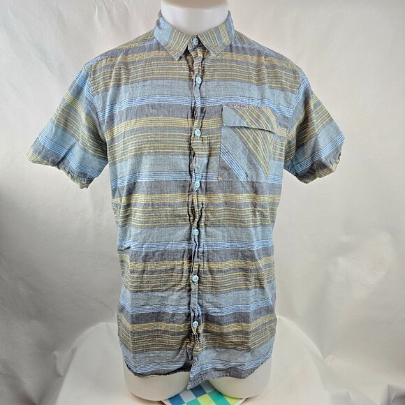 Columbia Shirt Mens Medium Grey Yellow Striped Button Up Short Sleeve Outdoors 1 - Picture 1 of 8